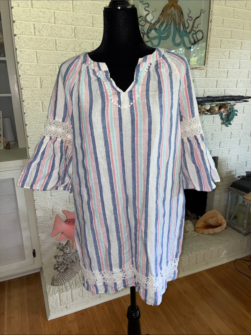 Crown & Ivy Dress PL Striped Blue Pink White Bell Sleeves Crochet 100% Linen
